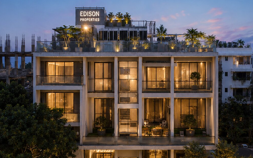 An Edison Properties building at dusk